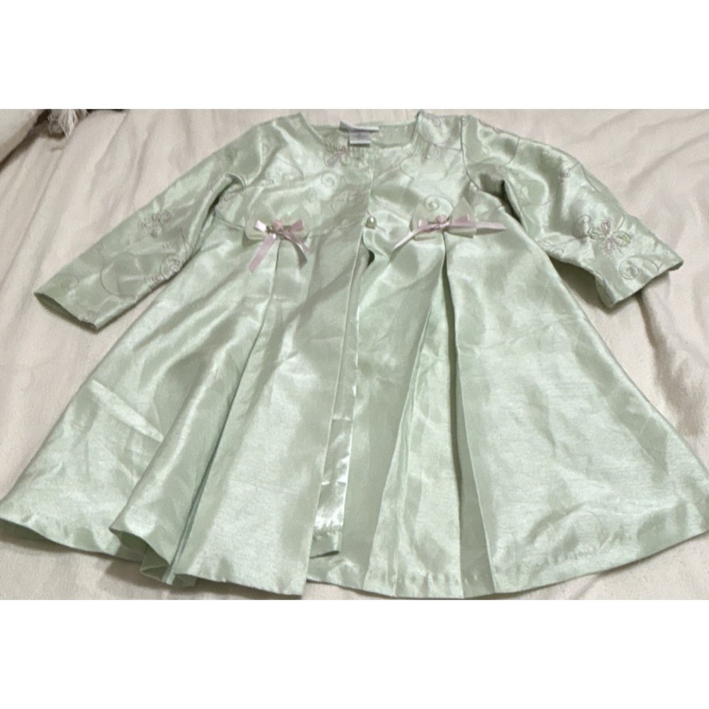 Bonnie Jean Girls Green A-Line Party Dress 4T Satin Long Sleeve Bow Polyester